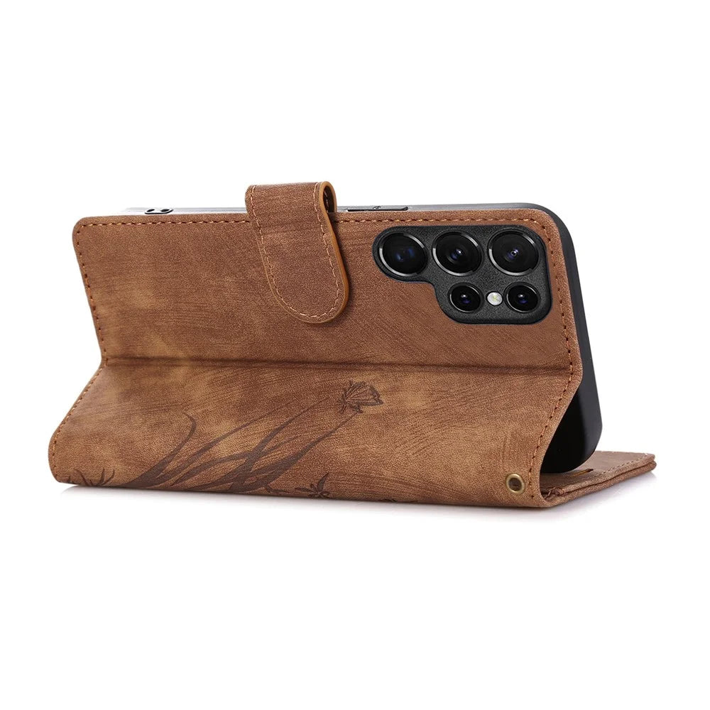 For Samsung Galaxy S23 Ultra Phone Case Imprinted Orchid Butterfly Flip Wallet Cover - Brown - 3
