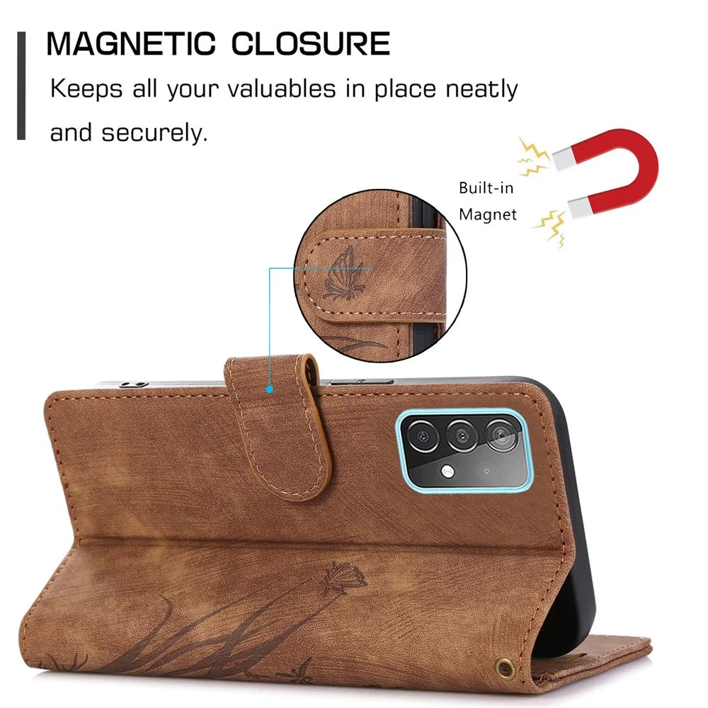 For Samsung Galaxy S23 Ultra Phone Case Imprinted Orchid Butterfly Flip Wallet Cover - Brown - 6