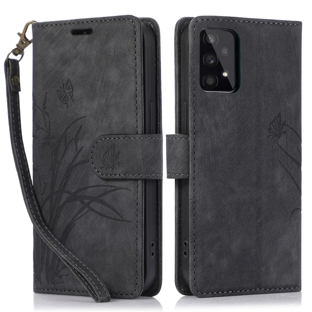 Leather Cover for Samsung Galaxy A33 5G Wallet Stand Case Orchid Butterfly Pattern - Black - 1
