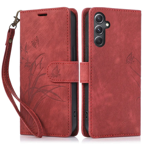 For Samsung Galaxy S24+ Leather Case Phone Wallet Orchid Butterfly Pattern - Red - 1
