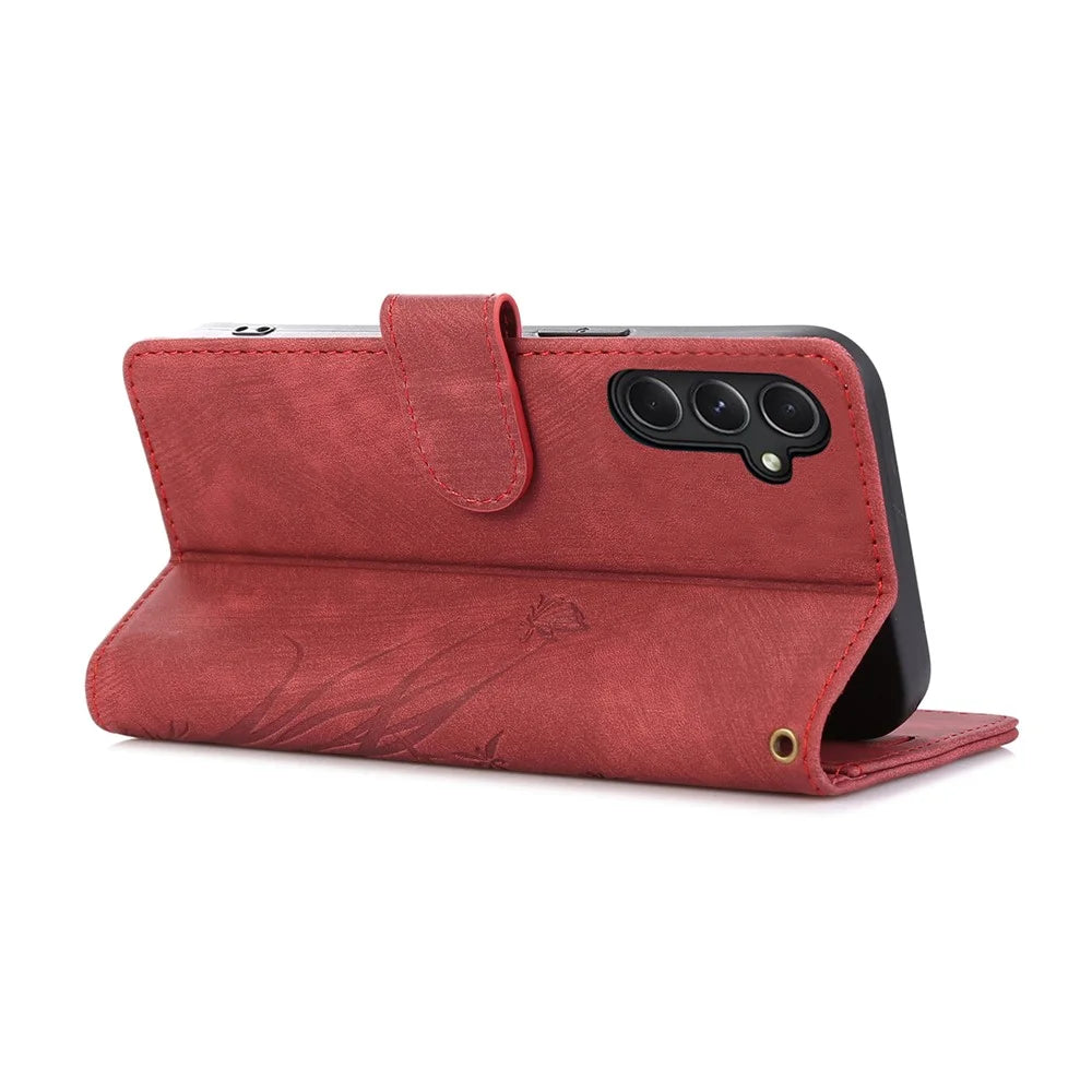 For Samsung Galaxy S24+ Leather Case Phone Wallet Orchid Butterfly Pattern - Red - 2