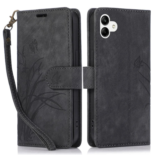 For Samsung Galaxy A04e 4G / F04 4G / M04 4G Leather Wallet Case Orchid Butterfly Pattern - Black - 1