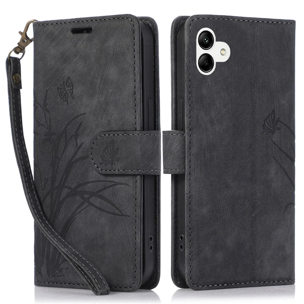 For Samsung Galaxy A04e 4G / F04 4G / M04 4G Leather Wallet Case Orchid Butterfly Pattern - Black - 1