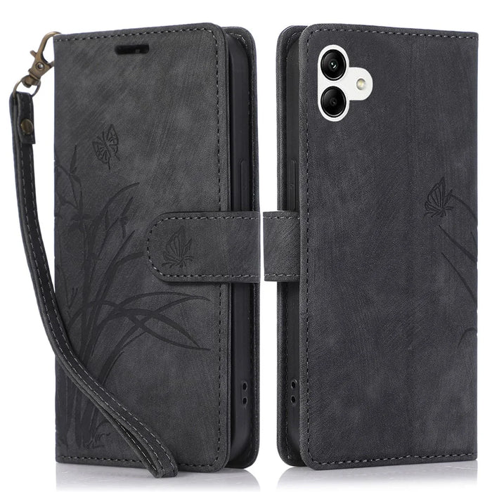 For Samsung Galaxy A04e 4G / F04 4G / M04 4G Leather Wallet Case Orchid Butterfly Pattern - Black - 1