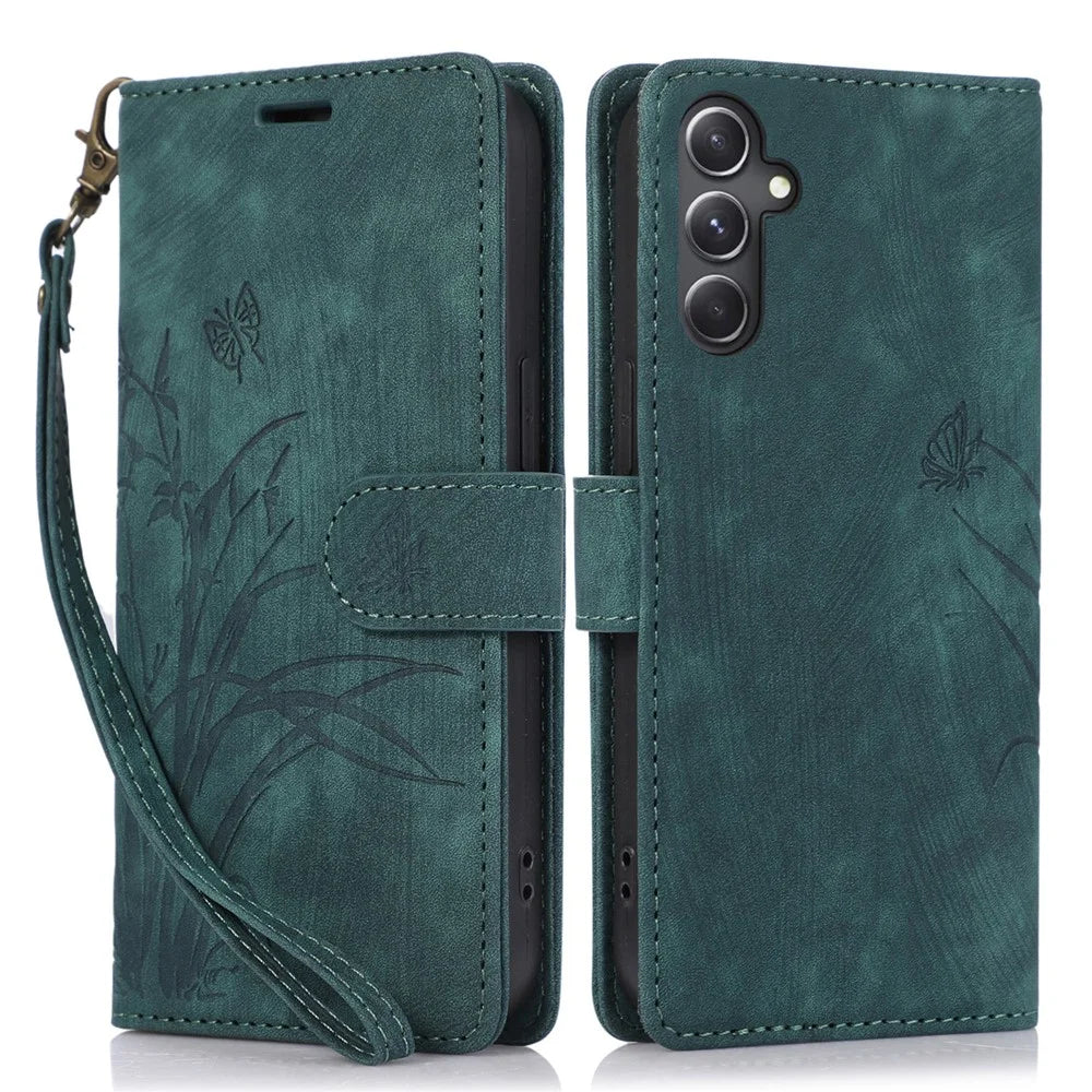 For Samsung Galaxy S23 FE Phone Wallet Case Orchid Butterfly Pattern Leather Cover - Green - 1