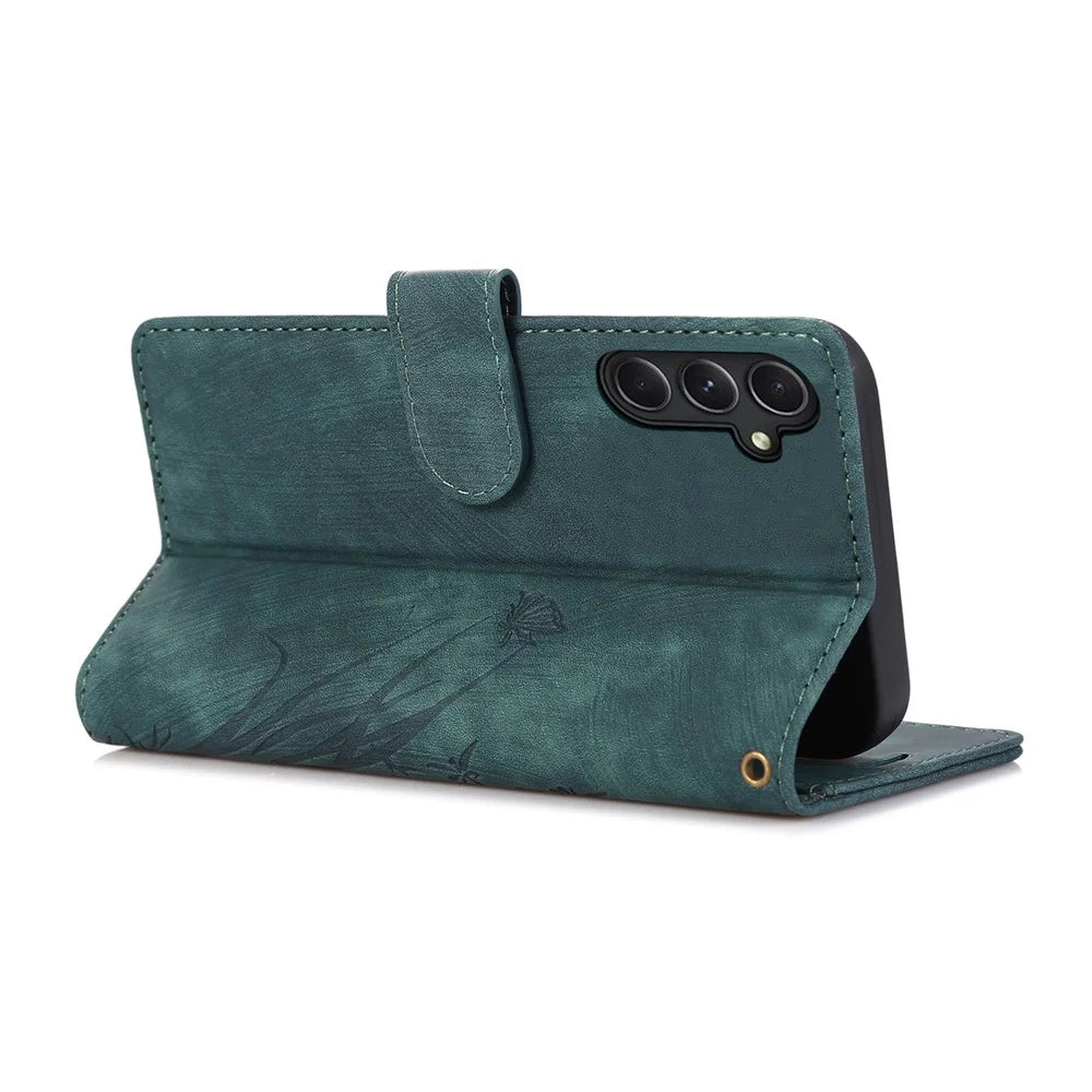 For Samsung Galaxy S23 FE Phone Wallet Case Orchid Butterfly Pattern Leather Cover - Green - 2