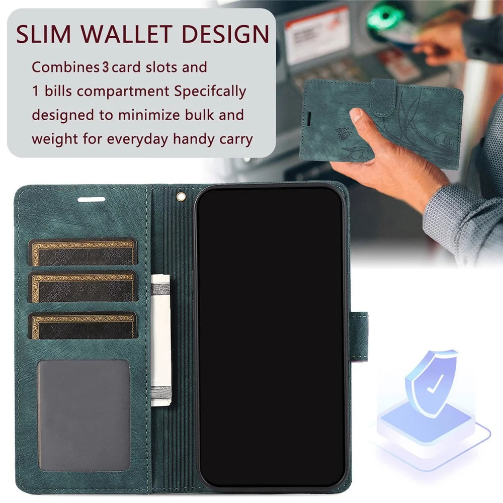 For Samsung Galaxy S23 FE Phone Wallet Case Orchid Butterfly Pattern Leather Cover - Green - 4