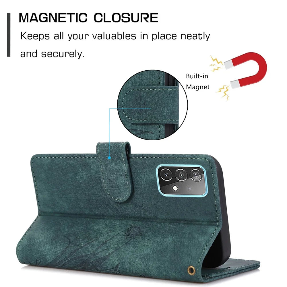 For Samsung Galaxy S23 FE Phone Wallet Case Orchid Butterfly Pattern Leather Cover - Green - 7