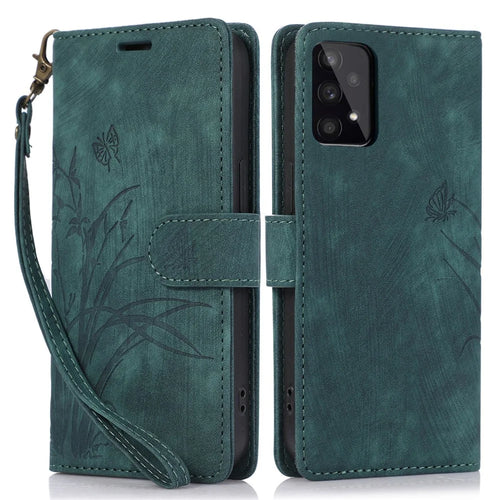 For Samsung Galaxy A53 5G Leather Case Orchid Butterfly Imprinted Wallet Cover - Green - 1