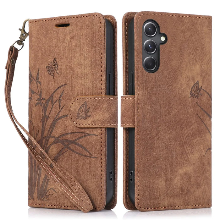 For Samsung Galaxy A14 4G / 5G Wallet Case Leather Cover Orchid Butterfly Pattern - Brown - 1