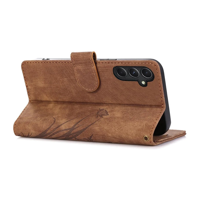 For Samsung Galaxy A14 4G / 5G Wallet Case Leather Cover Orchid Butterfly Pattern - Brown - 2