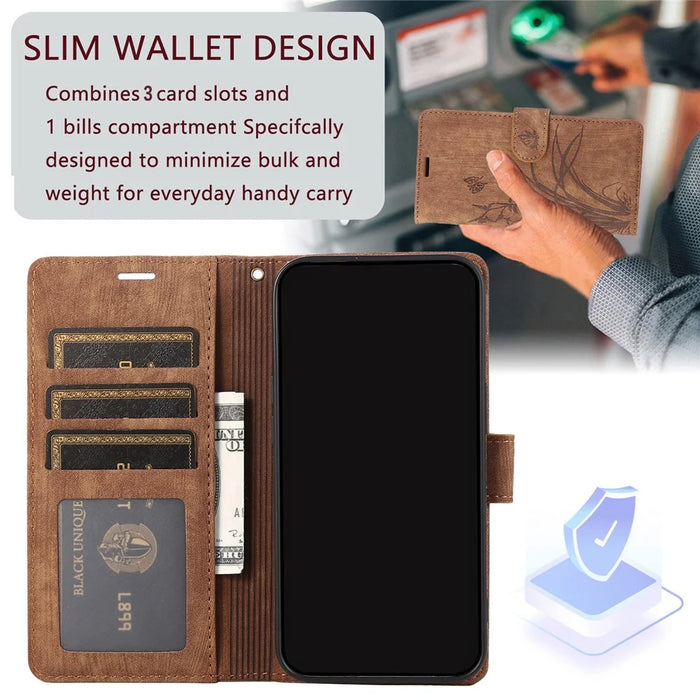 For Samsung Galaxy A14 4G / 5G Wallet Case Leather Cover Orchid Butterfly Pattern - Brown - 4
