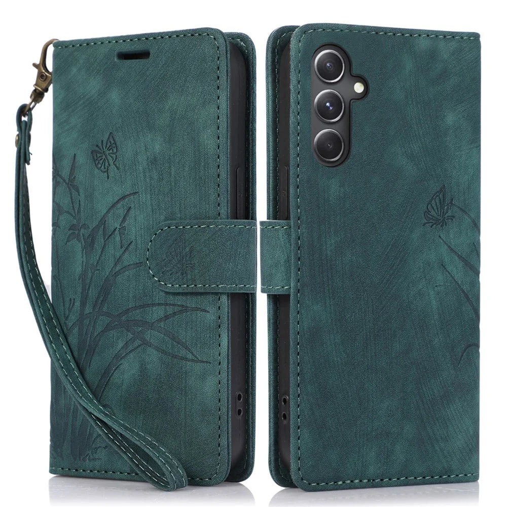 For Samsung Galaxy S24 Phone Case Orchid Butterfly Pattern Wallet Leather Cover - Green - 1