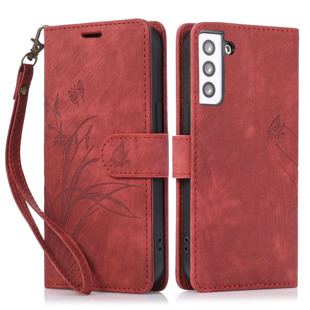 For Samsung Galaxy S23+ Flip Leather Case Wallet Cover Orchid Butterfly Pattern - Red - 1