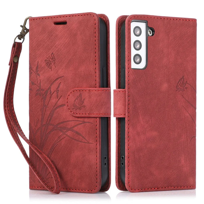 For Samsung Galaxy S23+ Flip Leather Case Wallet Cover Orchid Butterfly Pattern - Red - 1
