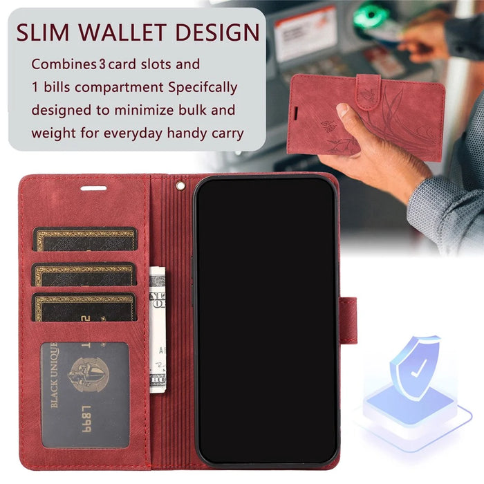 For Samsung Galaxy S23+ Flip Leather Case Wallet Cover Orchid Butterfly Pattern - Red - 4