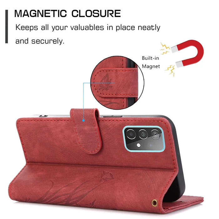 For Samsung Galaxy S23+ Flip Leather Case Wallet Cover Orchid Butterfly Pattern - Red - 6