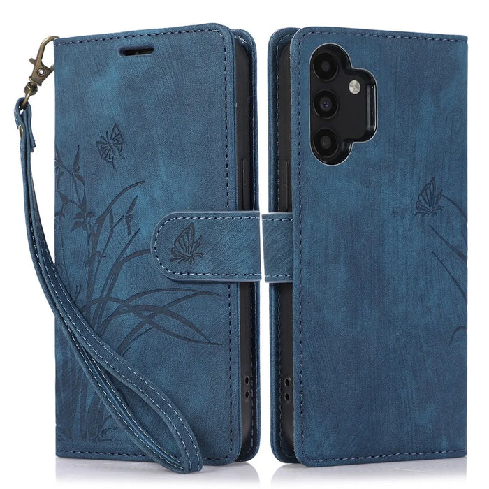 For Samsung Galaxy A13 4G / 5G Orchid Butterfly Leather Wallet Case with Strap - Blue - 1