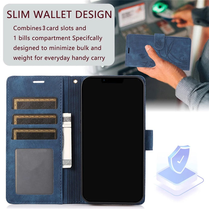 For Samsung Galaxy A13 4G / 5G Orchid Butterfly Leather Wallet Case with Strap - Blue - 4