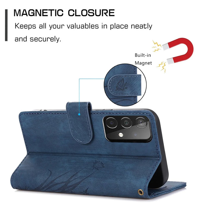 For Samsung Galaxy A13 4G / 5G Orchid Butterfly Leather Wallet Case with Strap - Blue - 7