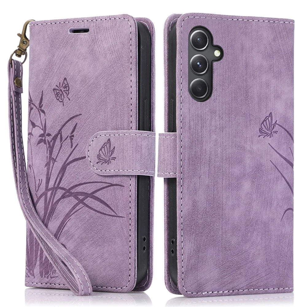 For Samsung Galaxy A24 4G (162.1 x 77.6 x 8.3mm) Leather Case Stand Wallet Cover with Strap - Purple - 1