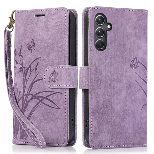 For Samsung Galaxy A24 4G (162.1 x 77.6 x 8.3mm) Leather Case Stand Wallet Cover with Strap - Purple - 1