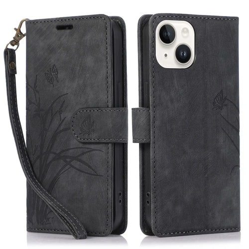Wallet Leather Cover for iPhone 14 Plus Phone Case Orchid Butterfly Pattern - Black - 1