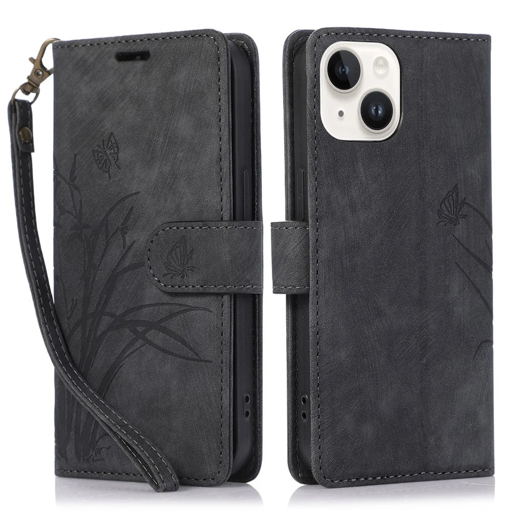 Wallet Leather Cover for iPhone 14 Plus Phone Case Orchid Butterfly Pattern - Black - 1