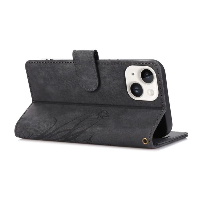 Wallet Leather Cover for iPhone 14 Plus Phone Case Orchid Butterfly Pattern - Black - 2