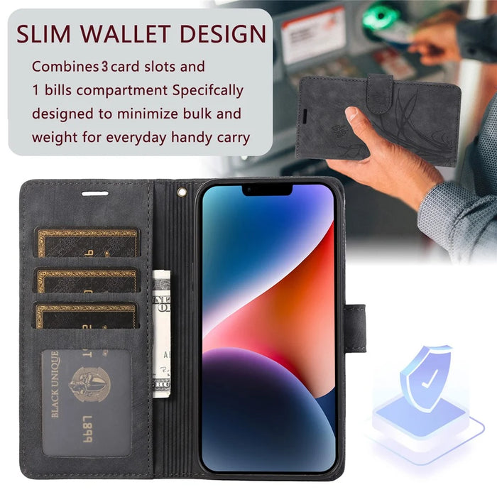Wallet Leather Cover for iPhone 14 Plus Phone Case Orchid Butterfly Pattern - Black - 4