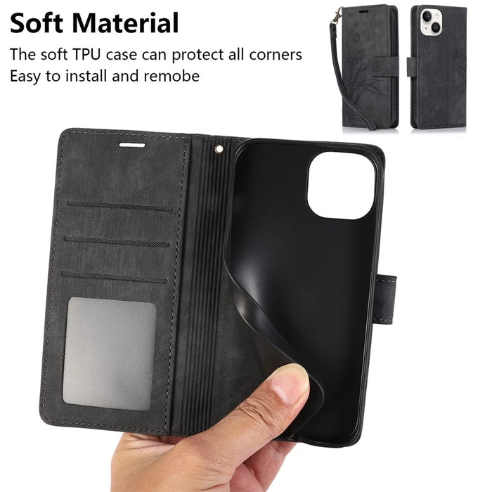 Wallet Leather Cover for iPhone 14 Plus Phone Case Orchid Butterfly Pattern - Black - 5