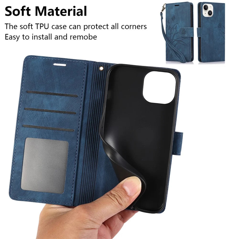 For iPhone 15 Pro Max Leather Case Orchid Butterfly Flip Wallet Phone Cover - Blue - 5