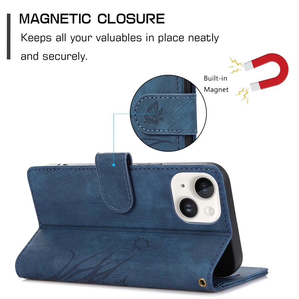 For iPhone 15 Pro Max Leather Case Orchid Butterfly Flip Wallet Phone Cover - Blue - 6