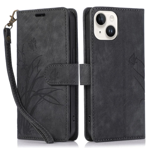 For iPhone 15 Flip Wallet Case Leather Phone Cover Orchid Butterfly Imprinted - Black - 1