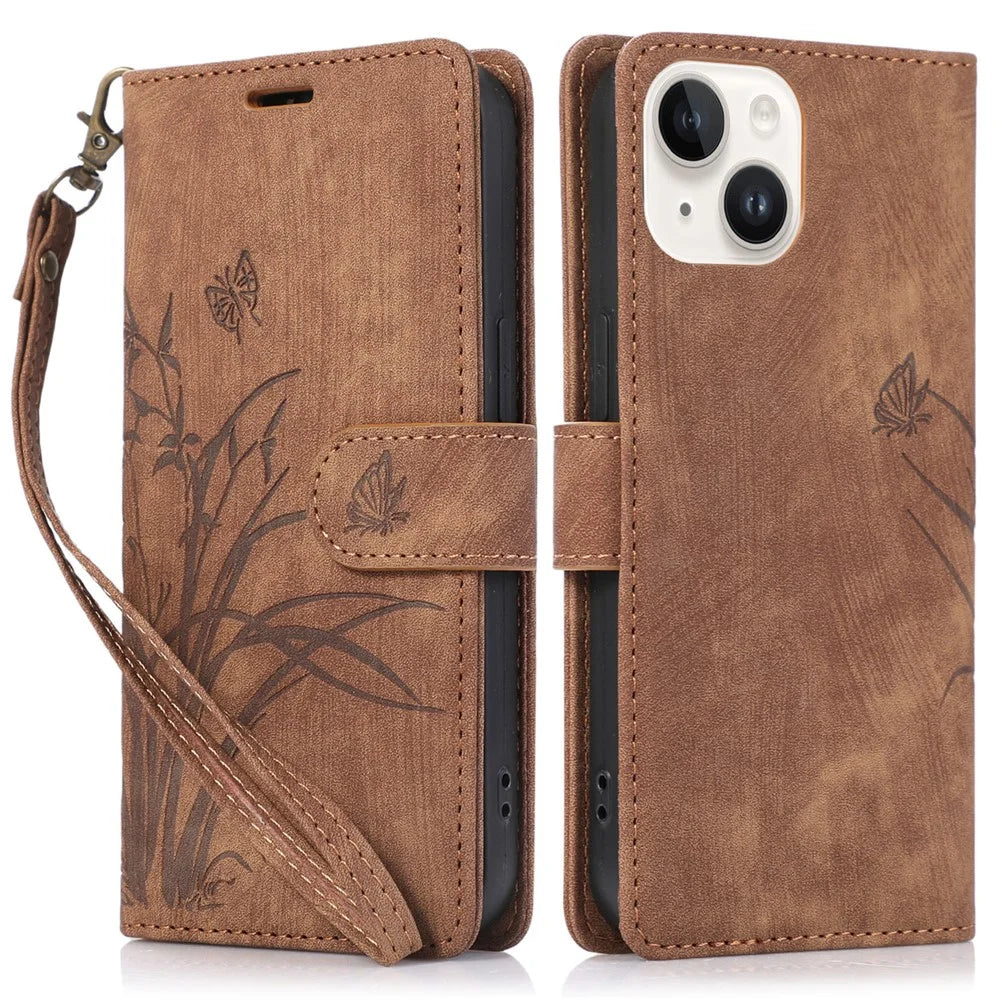 For iPhone 13 Leather Case with Strap Wallet Stand Orchid Butterfly Pattern - Brown - 1