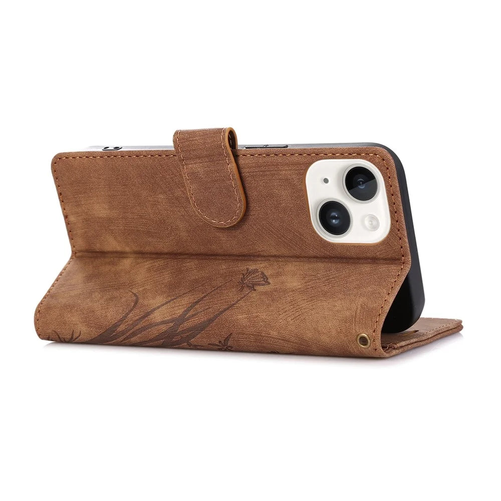 For iPhone 13 Leather Case with Strap Wallet Stand Orchid Butterfly Pattern - Brown - 2
