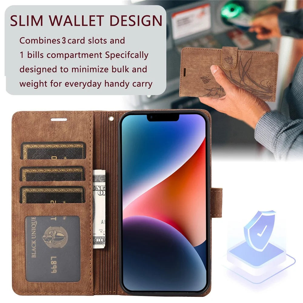 For iPhone 13 Leather Case with Strap Wallet Stand Orchid Butterfly Pattern - Brown - 4
