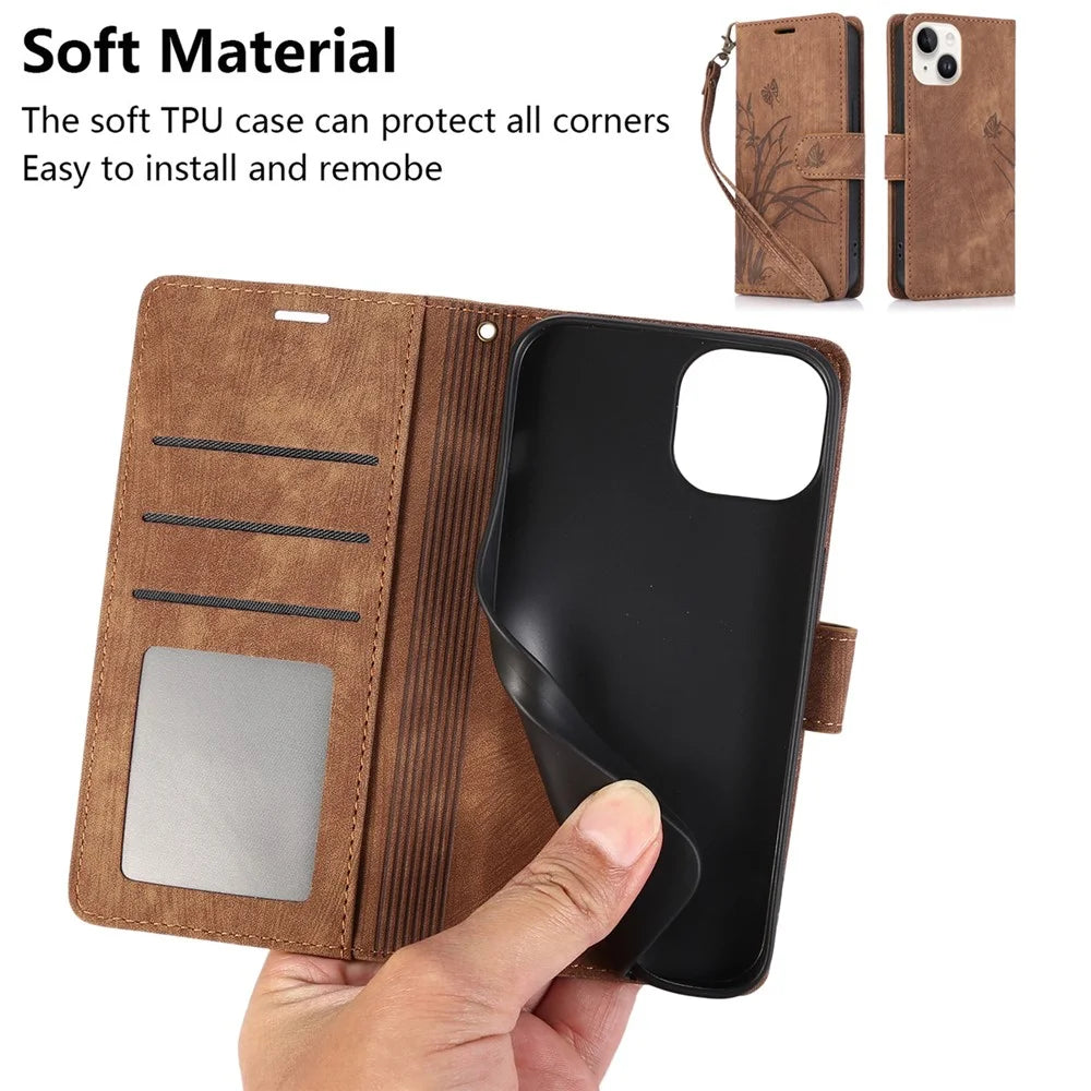 For iPhone 13 Leather Case with Strap Wallet Stand Orchid Butterfly Pattern - Brown - 5