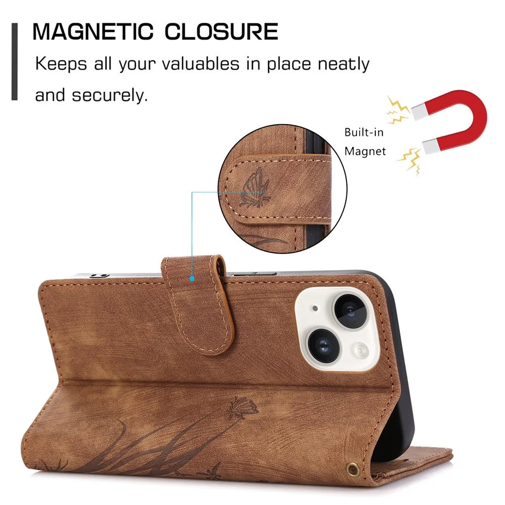 For iPhone 13 Leather Case with Strap Wallet Stand Orchid Butterfly Pattern - Brown - 6
