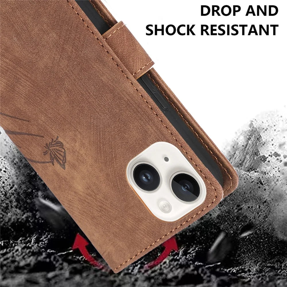 For iPhone 13 Leather Case with Strap Wallet Stand Orchid Butterfly Pattern - Brown - 7