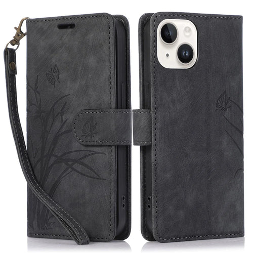 For iPhone 14 Leather Wallet Case Orchid Butterfly Phone Cover with Strap - Black - 1