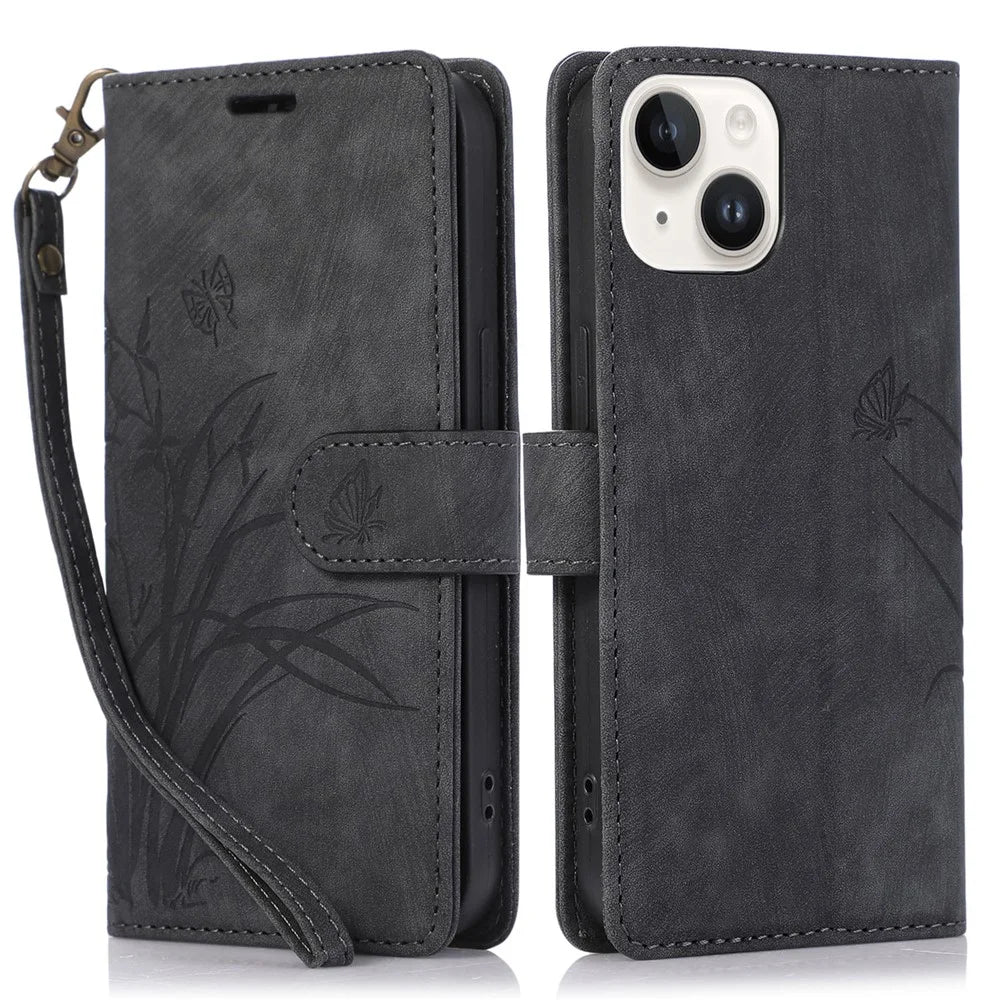 For iPhone 14 Leather Wallet Case Orchid Butterfly Phone Cover with Strap - Black - 1