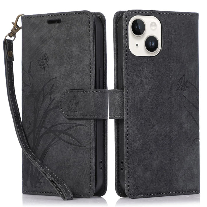 For iPhone 14 Leather Wallet Case Orchid Butterfly Phone Cover with Strap - Black - 1