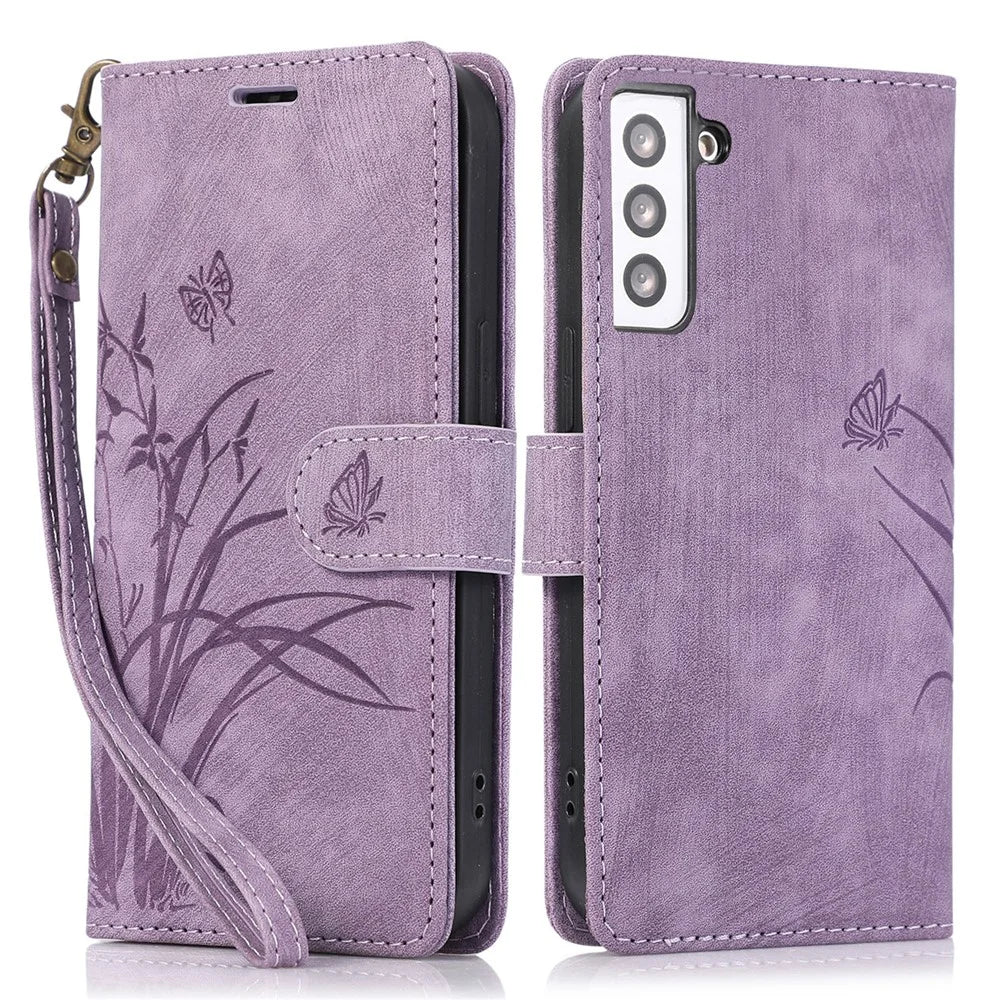 For Samsung Galaxy S23 Phone Case Wallet Folding Stand Orchid Butterfly Pattern - Purple - 1