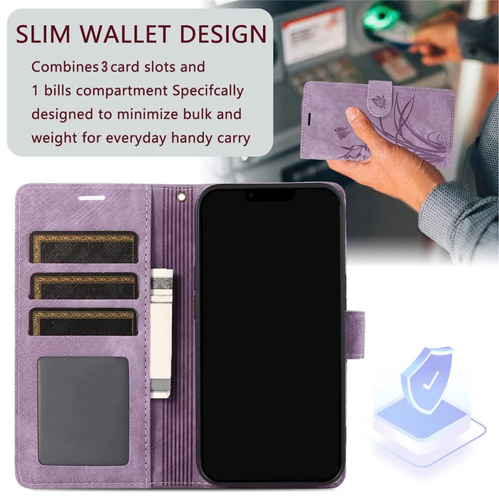 For Samsung Galaxy S23 Phone Case Wallet Folding Stand Orchid Butterfly Pattern - Purple - 4