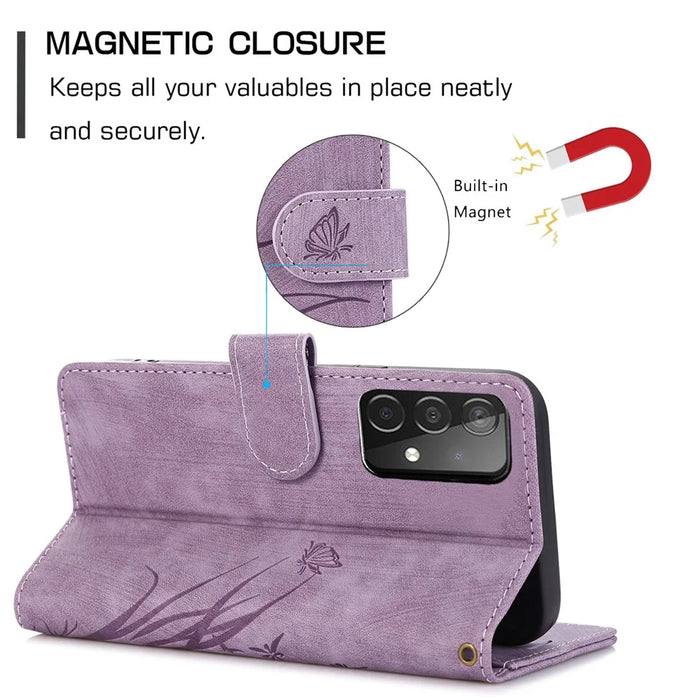 For Samsung Galaxy S23 Phone Case Wallet Folding Stand Orchid Butterfly Pattern - Purple - 7