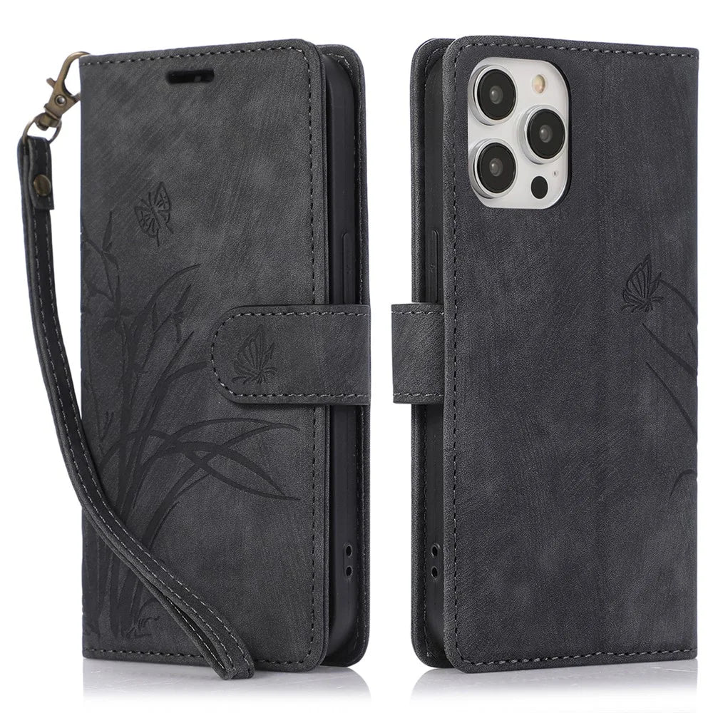 For iPhone 15 Pro Leather Flip Cover Orchid Butterfly Wallet Case with Strap - Black - 1