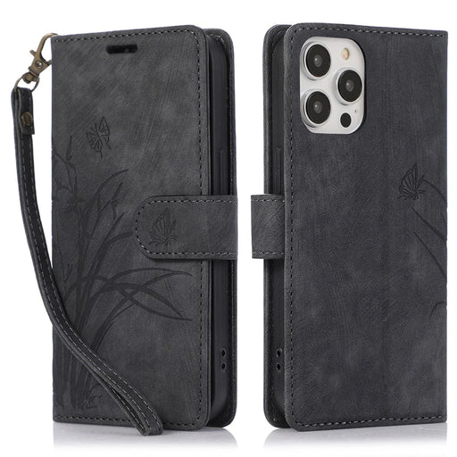 For iPhone 15 Pro Leather Flip Cover Orchid Butterfly Wallet Case with Strap - Black - 1