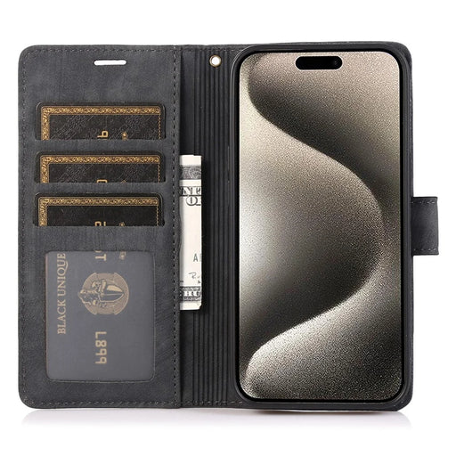For iPhone 15 Pro Leather Flip Cover Orchid Butterfly Wallet Case with Strap - Black - 2