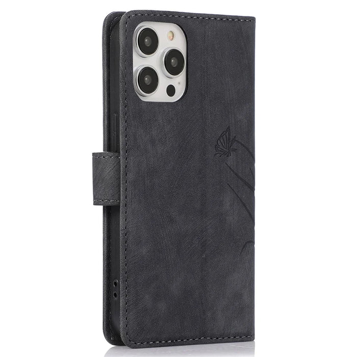 For iPhone 15 Pro Leather Flip Cover Orchid Butterfly Wallet Case with Strap - Black - 6